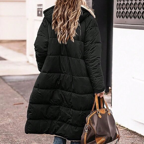 Black Casual Women's Double-Sided Hooded Thick Warm Mid-Length Jacket - Picture 2 of 6